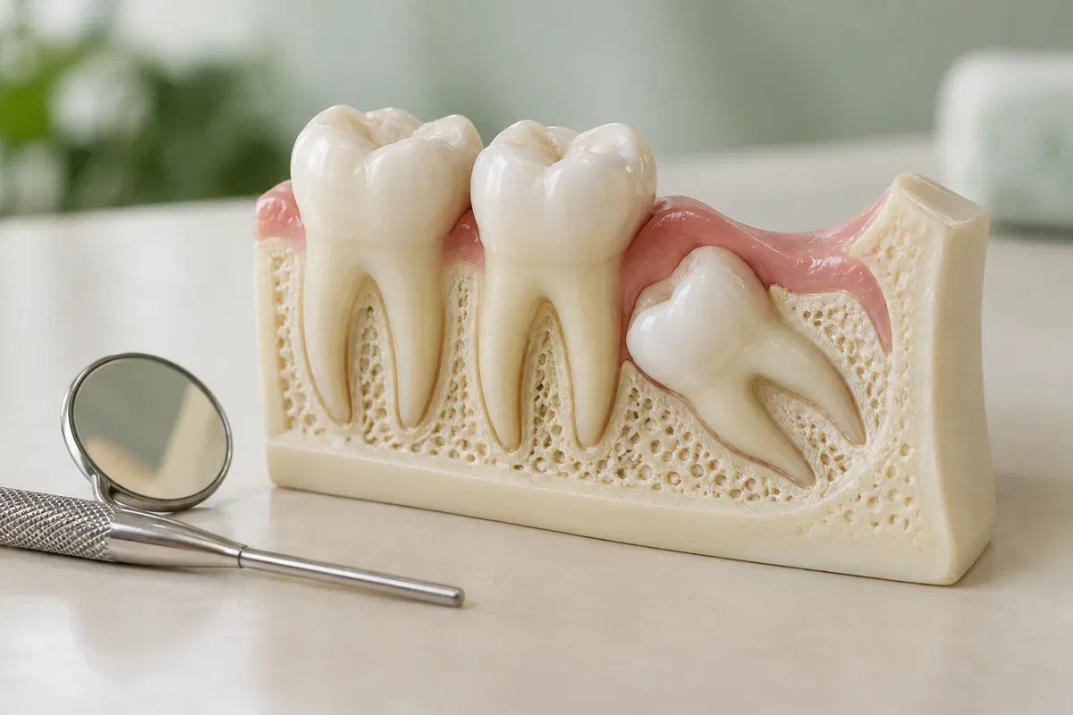 Illustrative physical jaw model with an angled wisdom tooth behind two upright molars