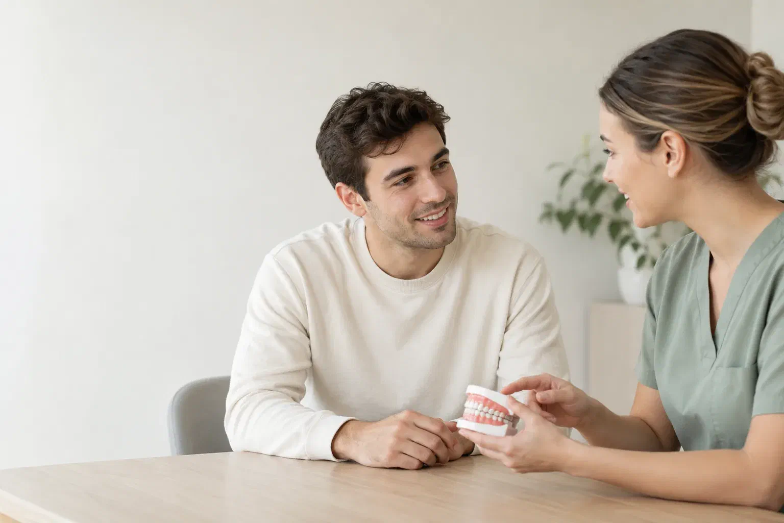 Illustrative young adult discussing a wisdom-tooth assessment with a dental clinician