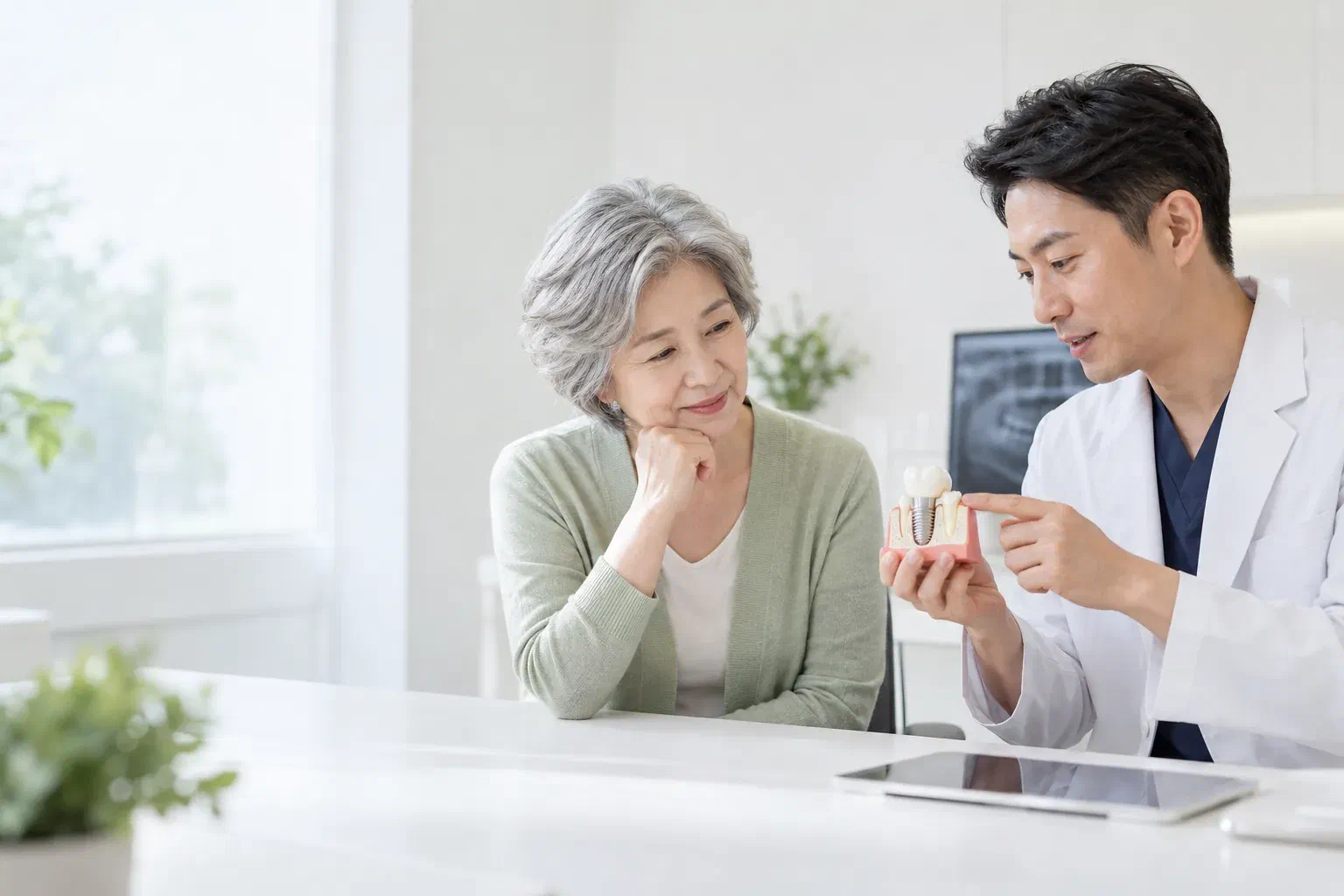 Illustrative patient and dentist reviewing an existing implant crown