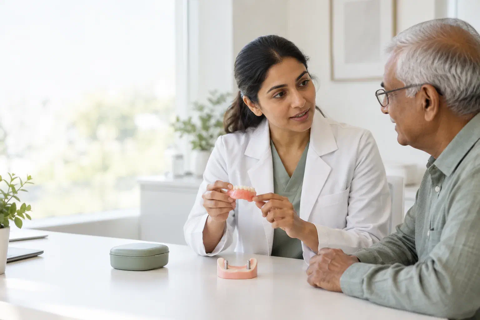 Illustrative consultation about the attachments of a removable implant denture