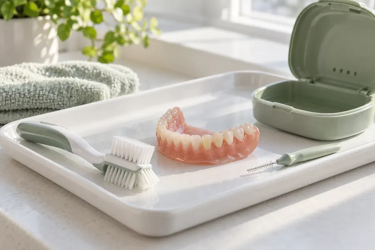 Removable lower denture beside cleaning brushes and an open storage case