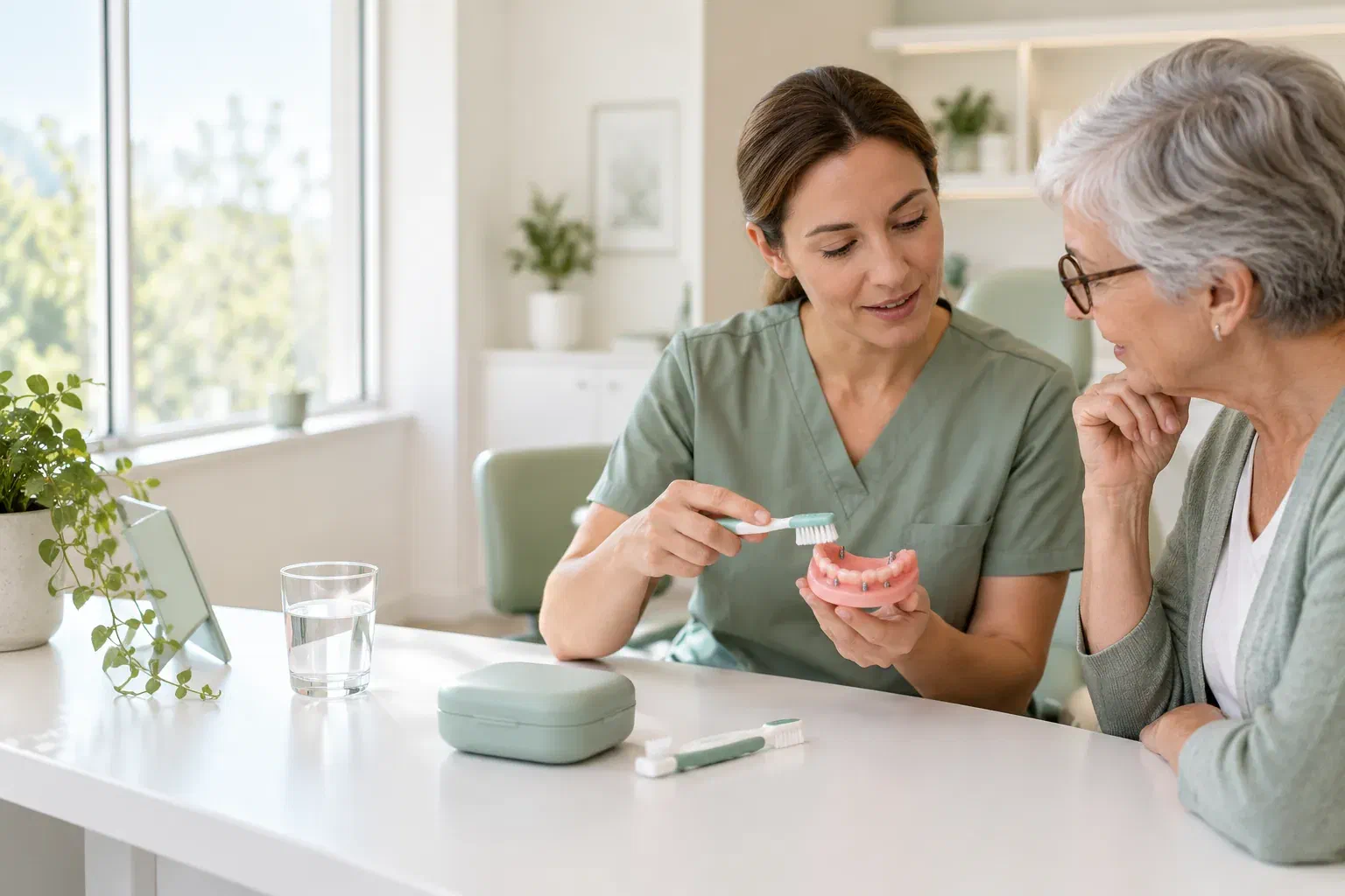 Illustrative discussion between a patient and hygienist about implant denture care