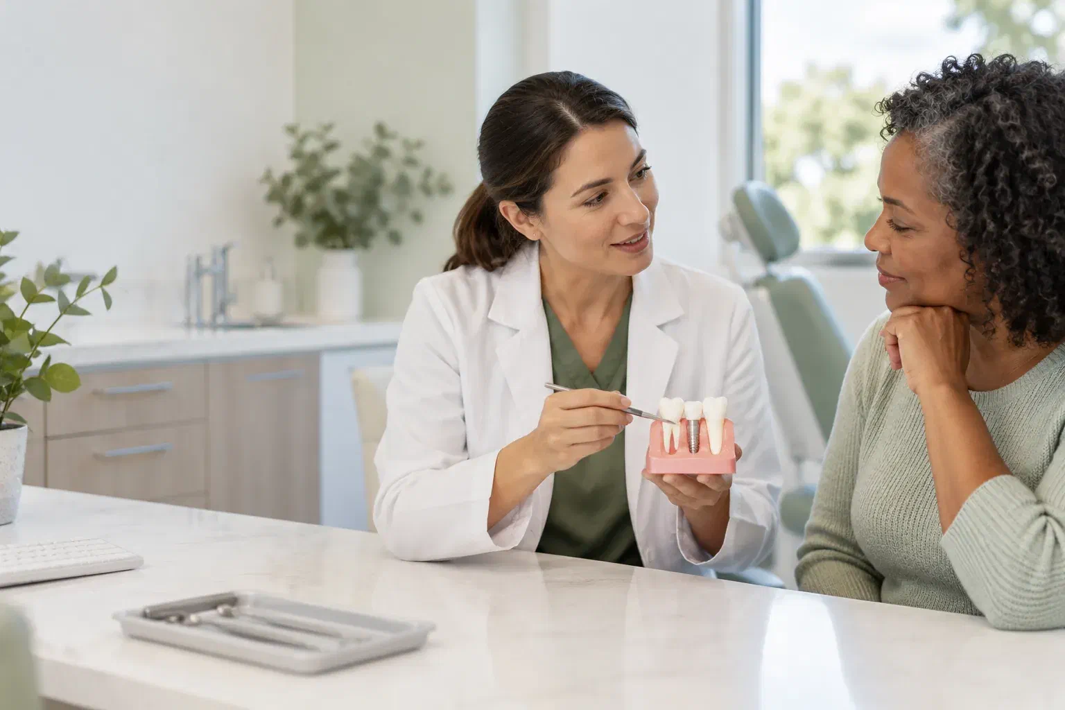 Illustrative consultation about maintaining gum health around a dental implant