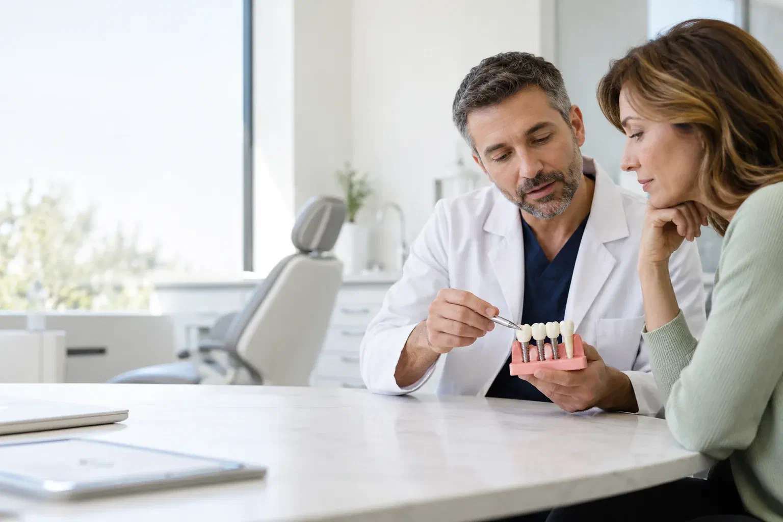 Illustrative consultation about replacing neighbouring teeth with an implant-supported bridge