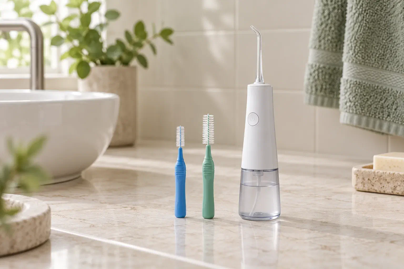 Interdental brushes and an unbranded cordless water flosser on a bathroom counter