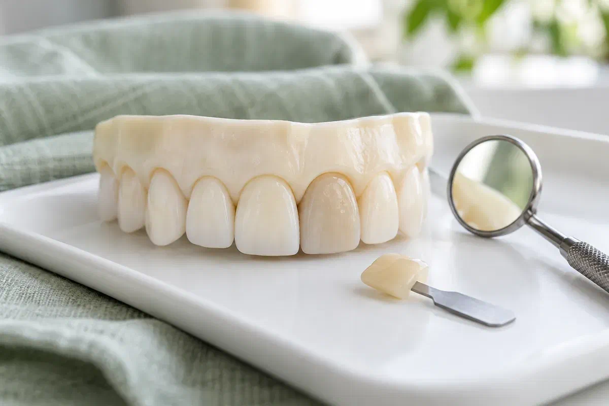 Illustrative front-teeth model with one subtly darker central tooth beside a shade sample