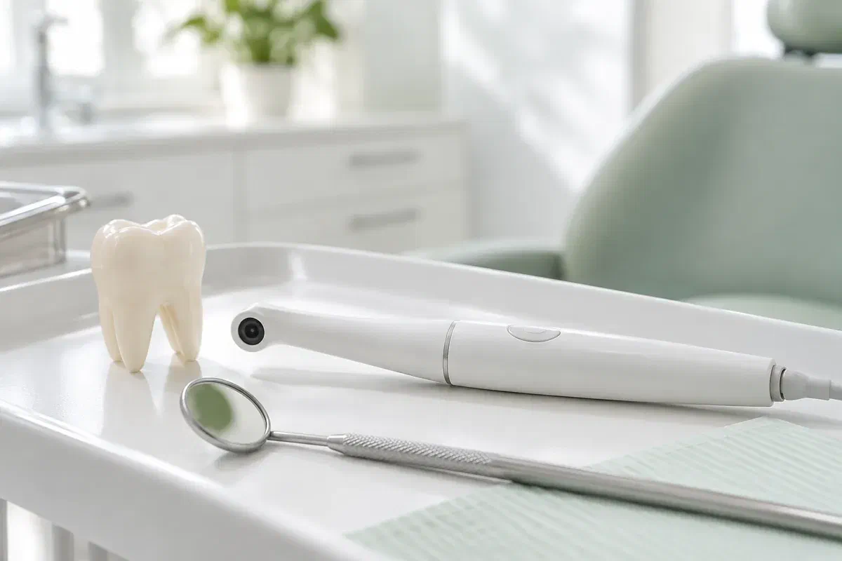 Illustrative pen-shaped intraoral camera beside a tooth model and dental mirror