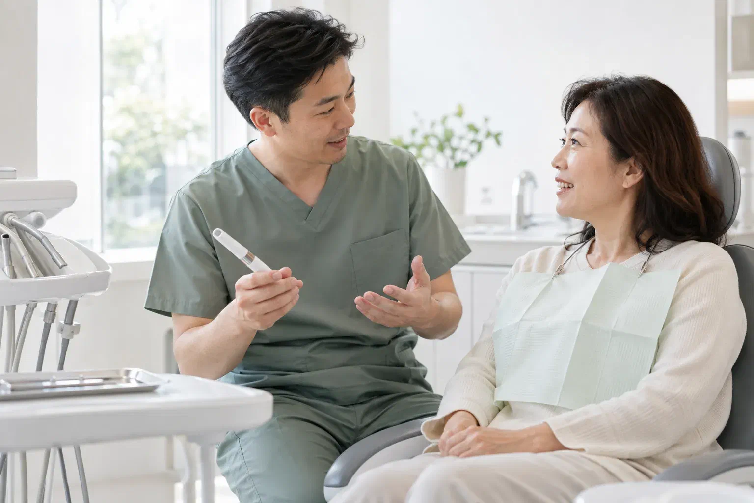 Illustrative dental consultation with a small intraoral camera, not actual clinic equipment