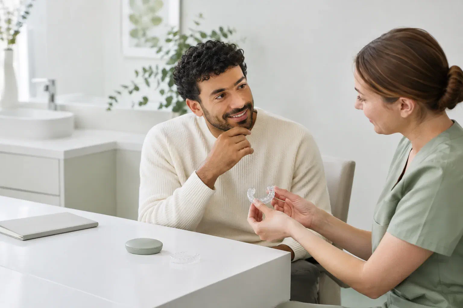 Illustrative adult patient discussing aligner treatment with a dental clinician