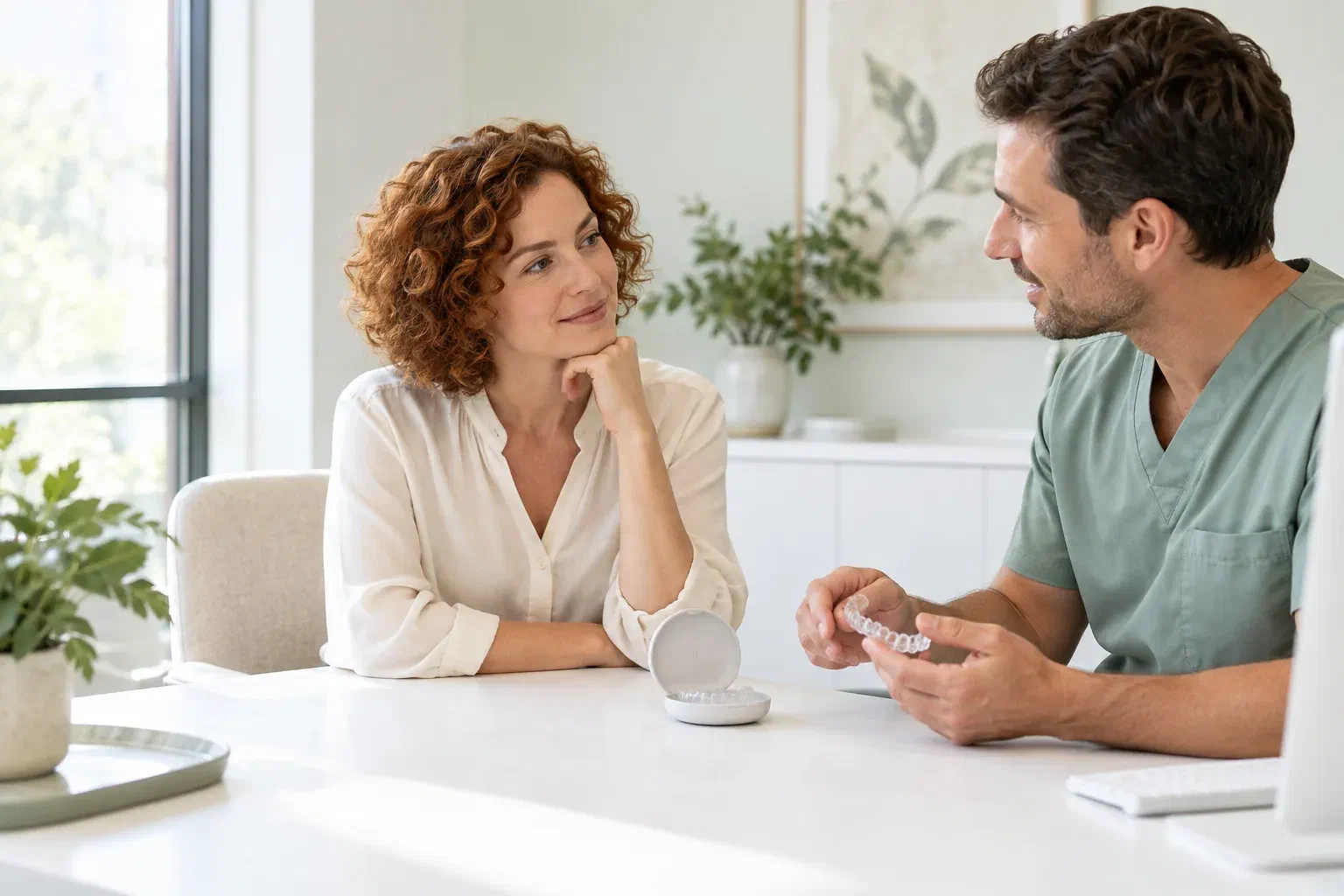 Illustrative adult patient discussing a limited aligner plan with a dental clinician