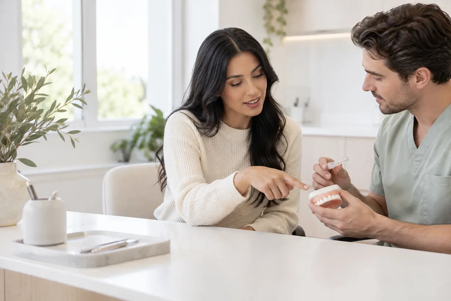 Illustrative patient and dental clinician reviewing an aligner and tooth model