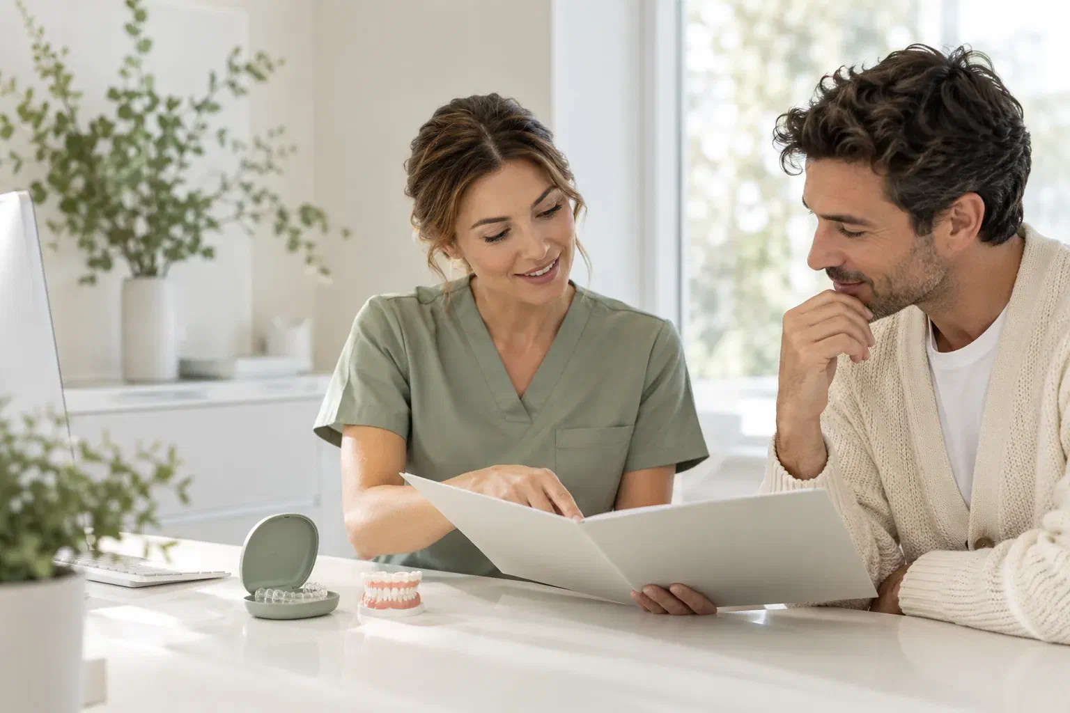 Illustrative patient discussing treatment information with a dental clinician