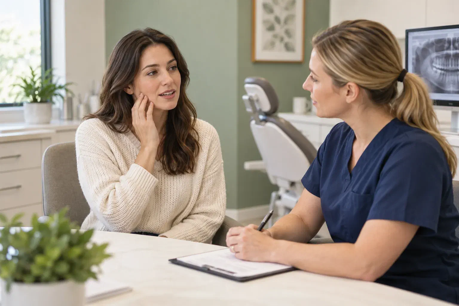 A woman describing jaw discomfort during a dental consultation