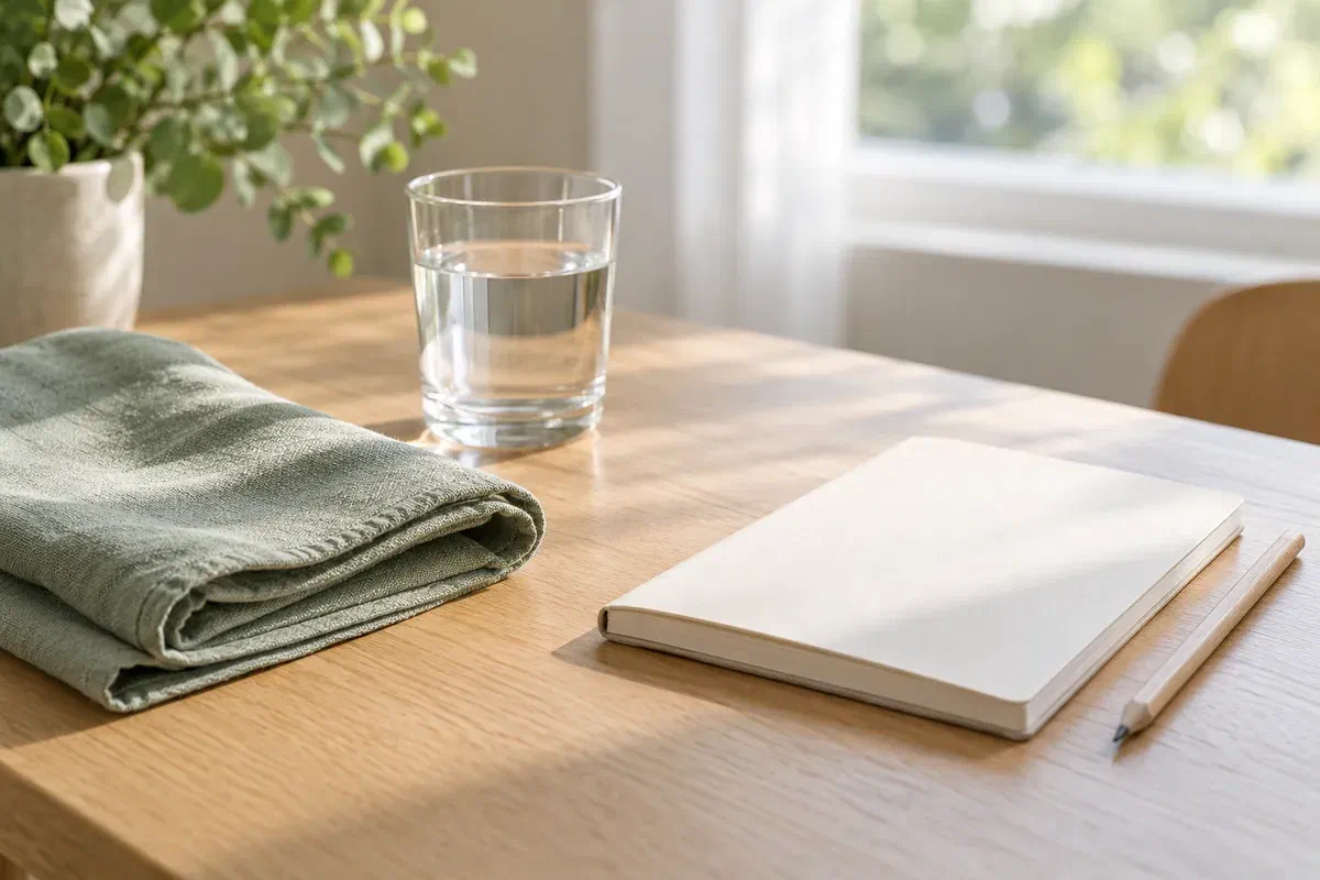 Illustrative folded cloth, water, and notebook in a quiet consultation setting