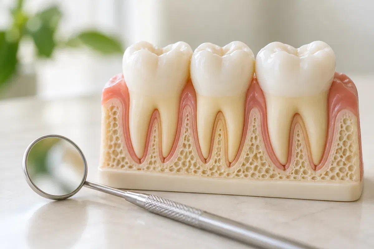 Illustrative cross-section teaching model showing teeth within gum and supporting bone