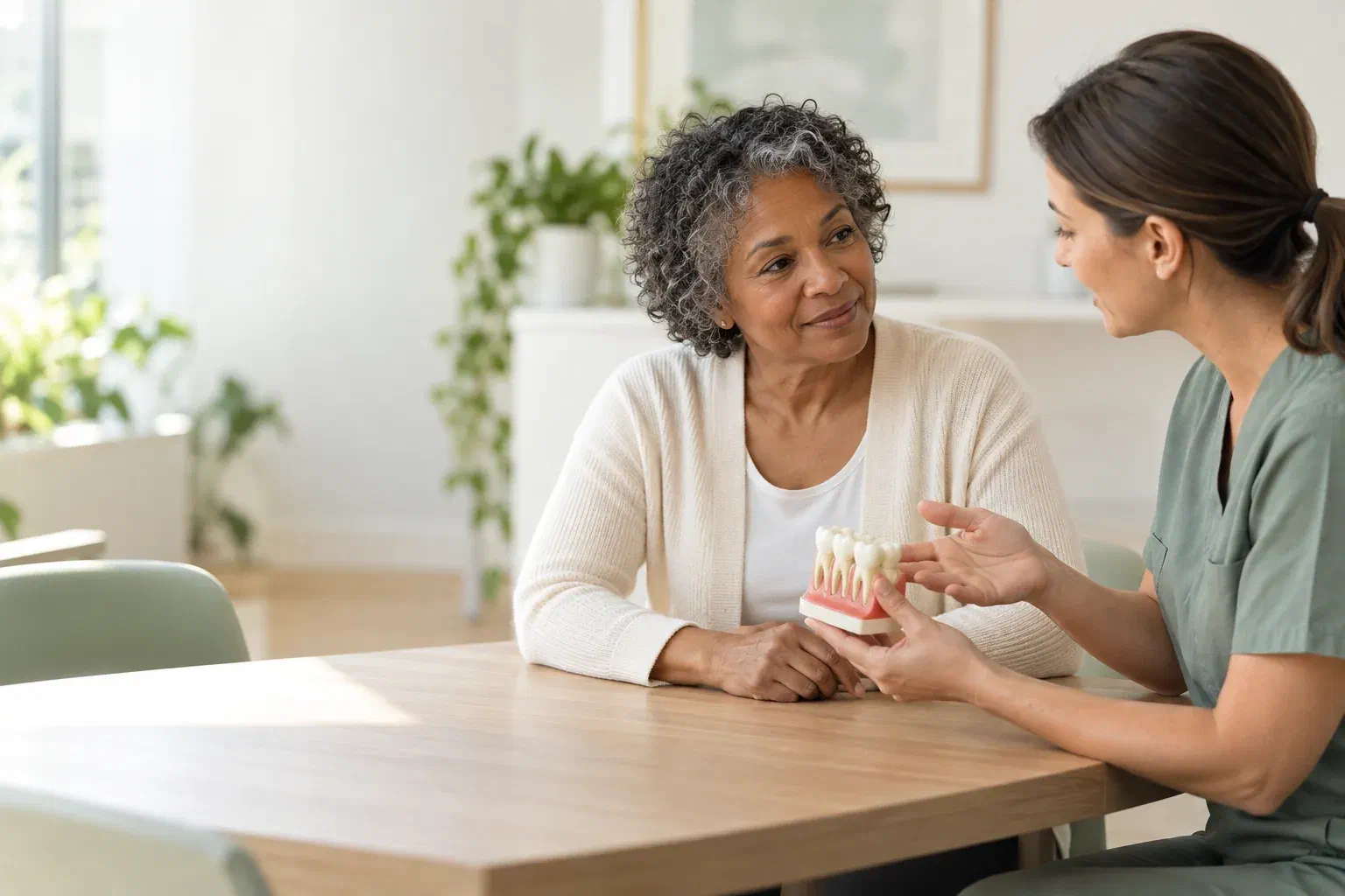 Illustrative patient discussing tooth support with a clinician and a dental teaching model