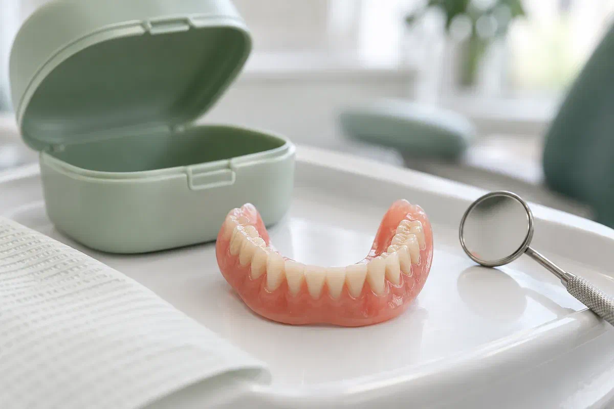 Lower removable denture beside an open storage case and dental mirror