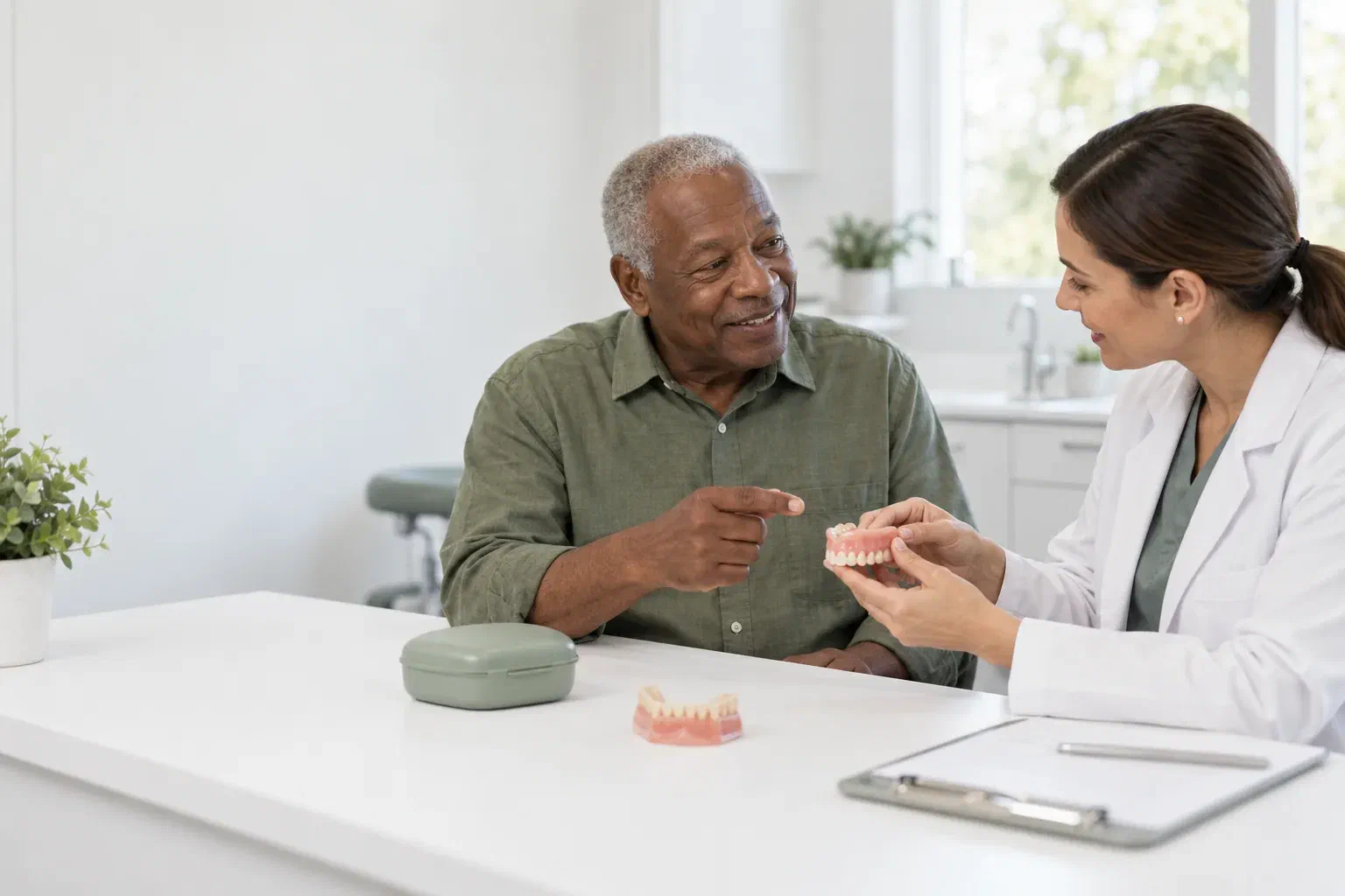Illustrative patient discussing the fit of a removable denture with a dentist