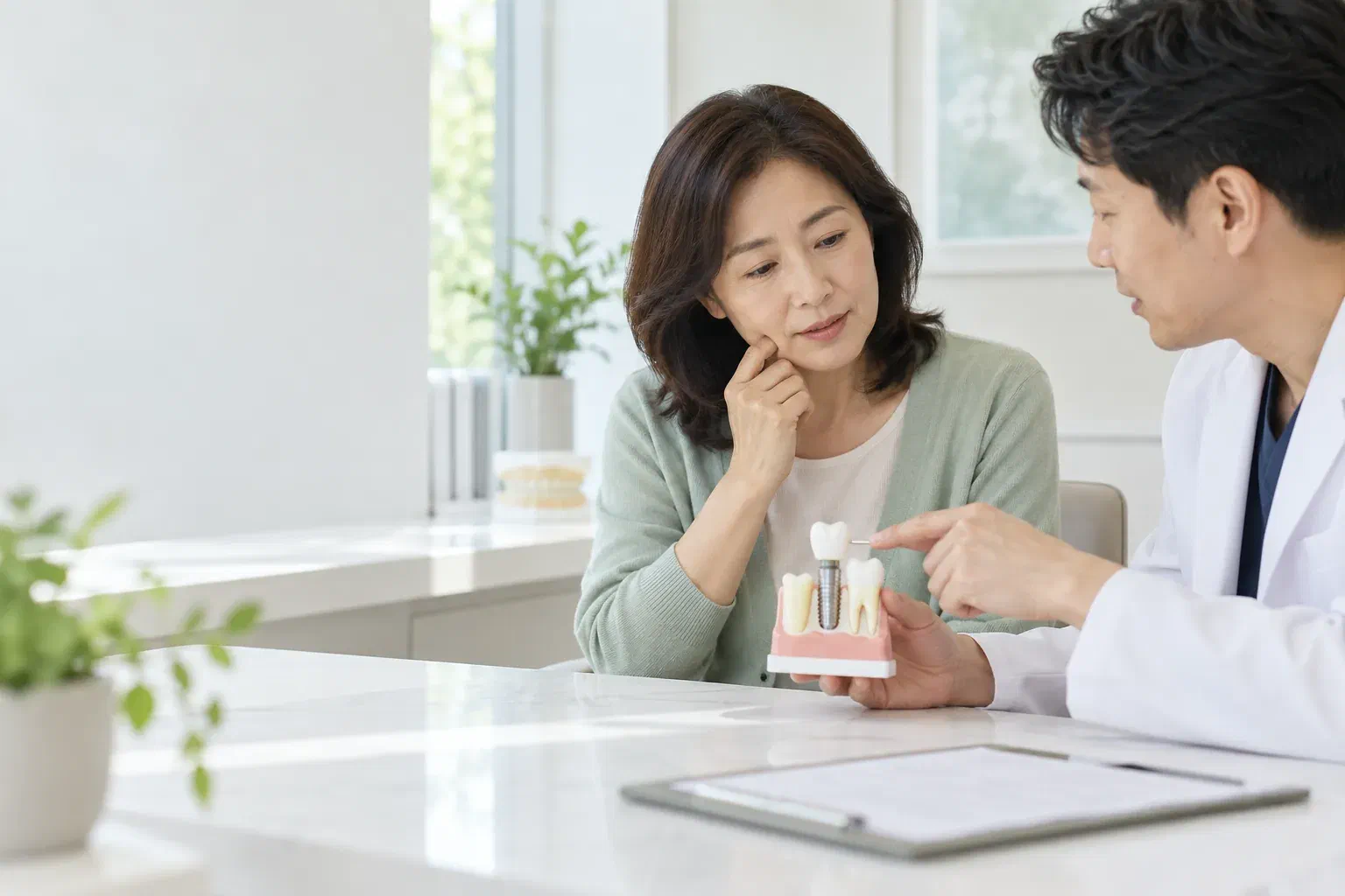 Illustrative consultation about movement in an implant crown