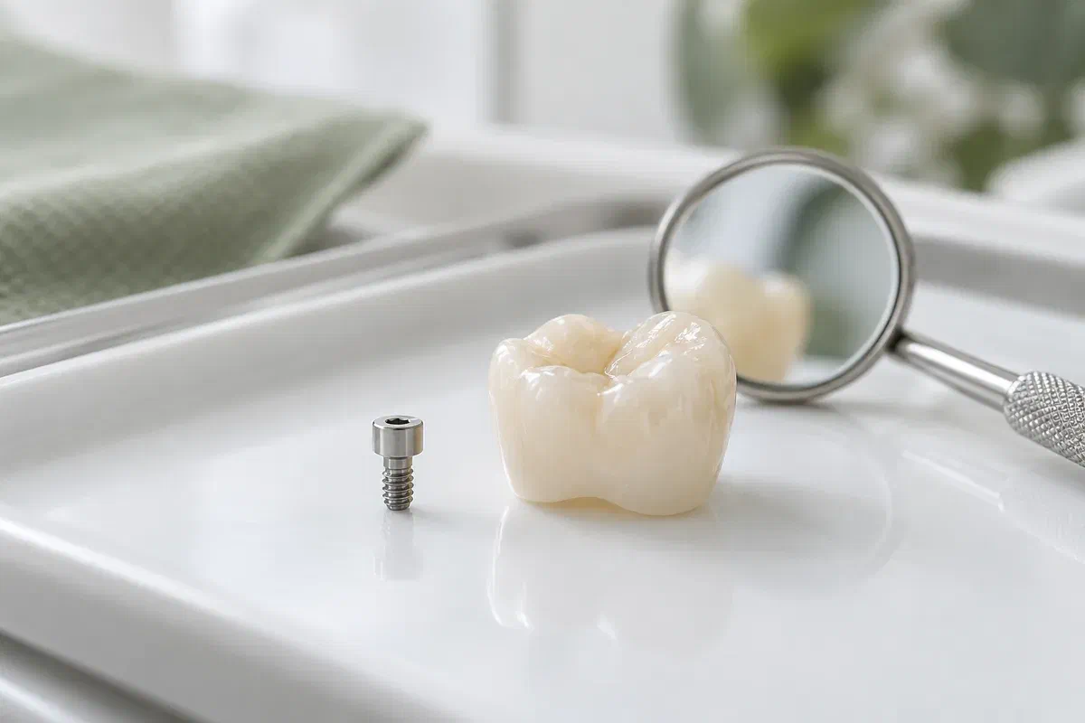 Small prosthetic connecting screw beside a ceramic crown and dental mirror