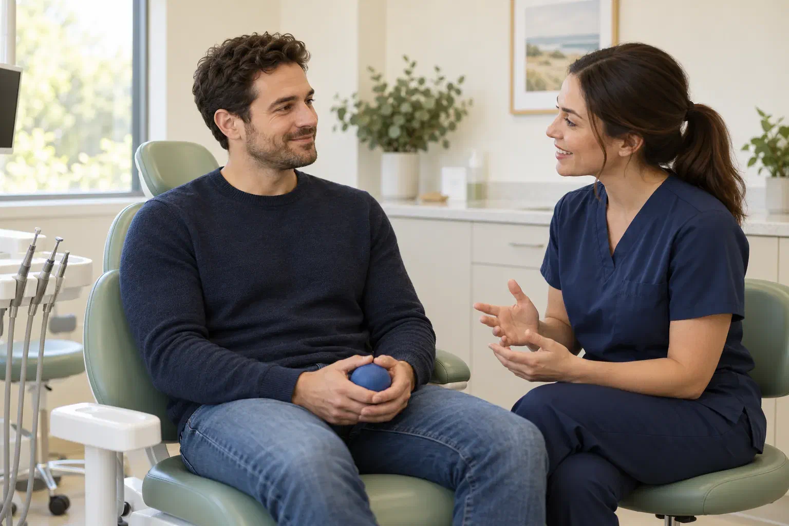 A patient holding a small stress ball while speaking with a dental professional