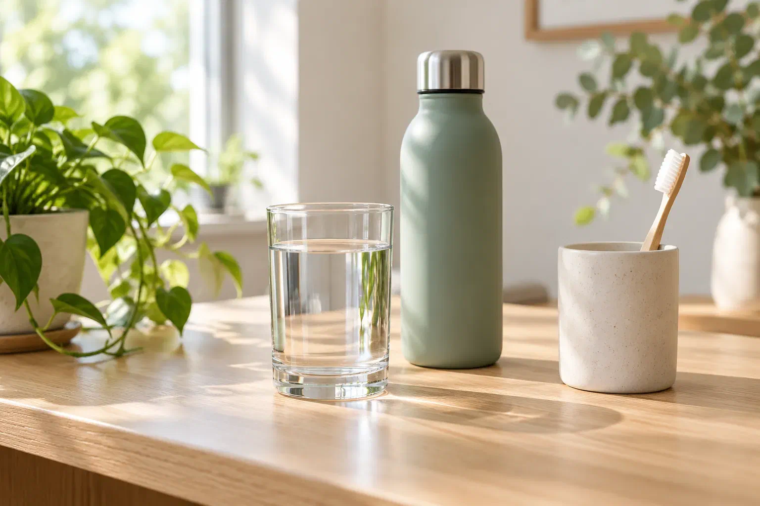 A glass of water and reusable bottle beside a toothbrush on a bright desk