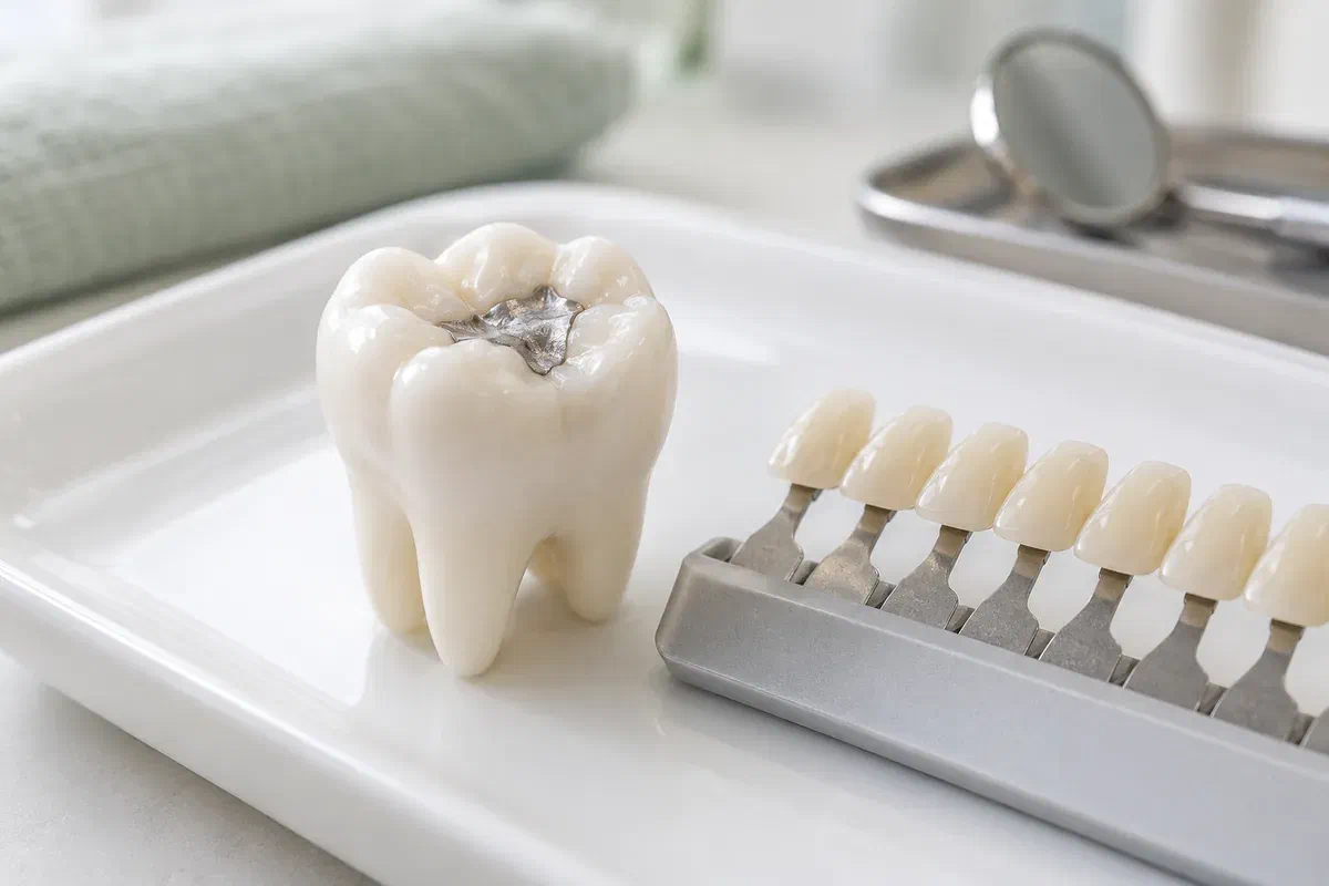 Teaching model of an intact silver filling beside a tooth shade guide