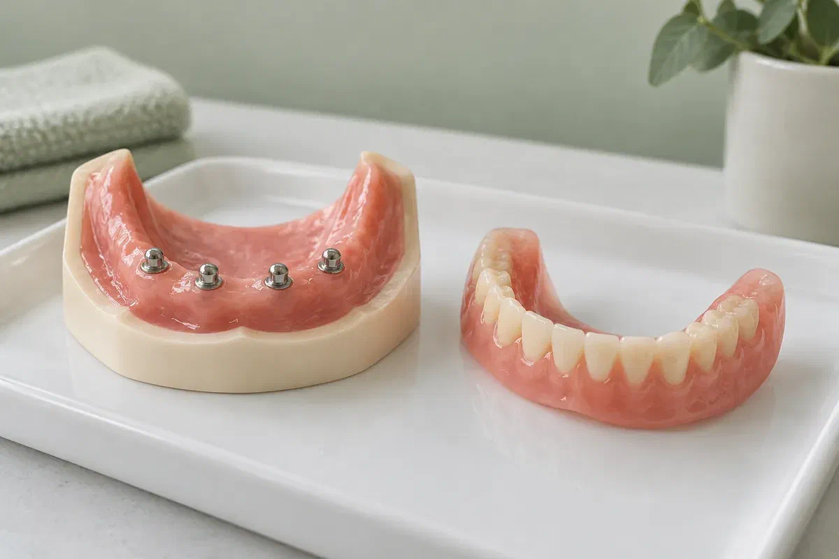 Illustrative lower-jaw model with four small attachment heads and a removable denture