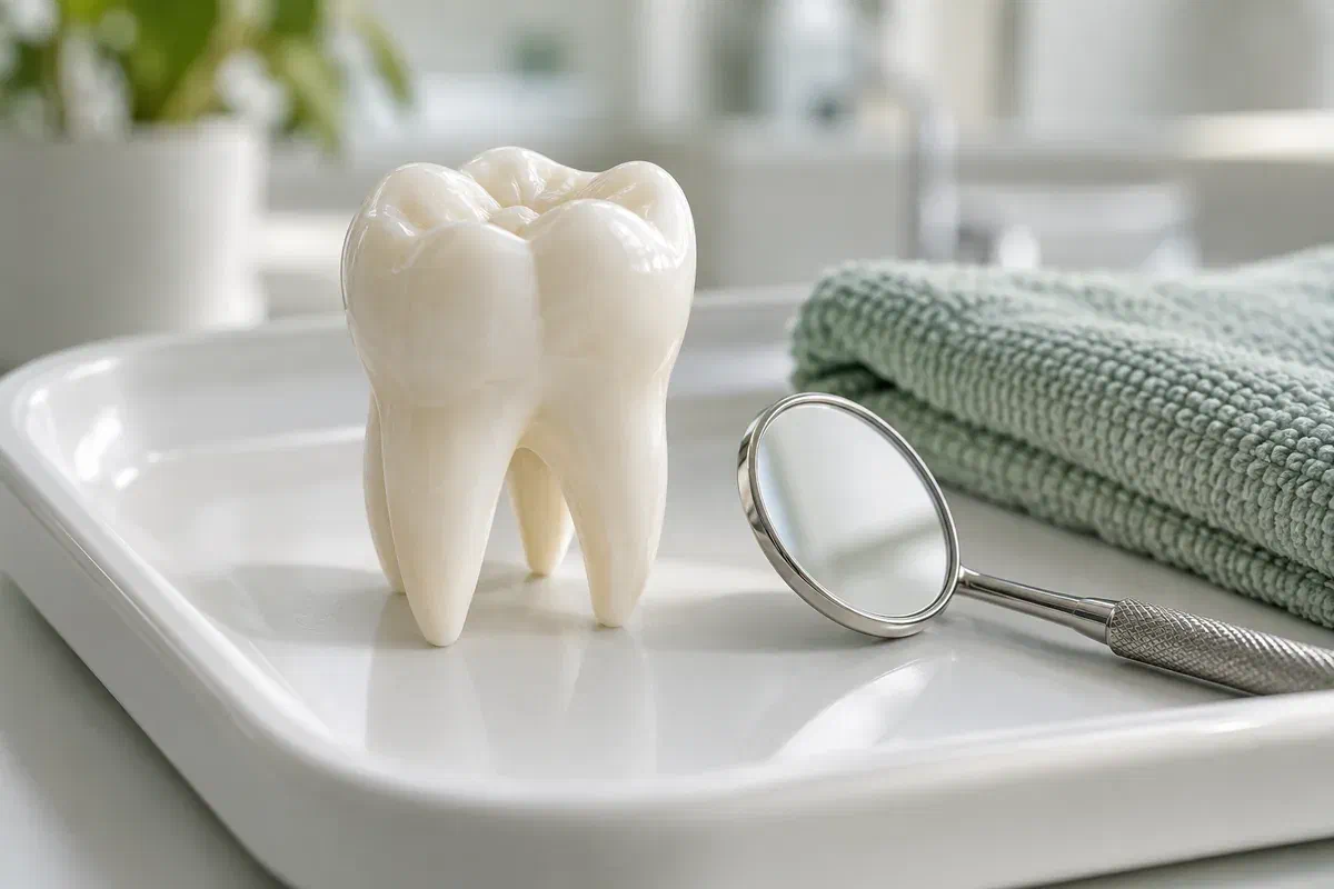 An intact molar teaching model and dental mirror on a clean tray