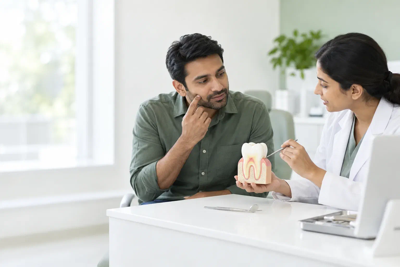Illustrative consultation about a back tooth using a molar teaching model