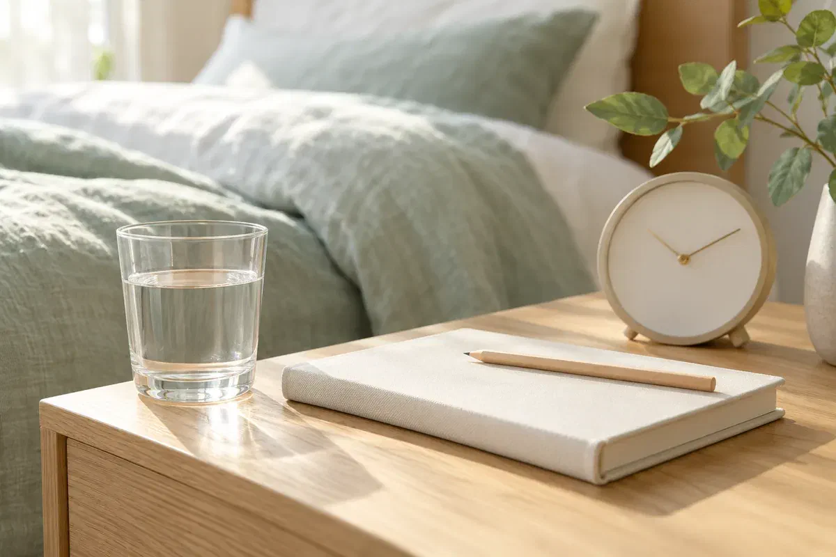 Illustrative morning bedside scene with water, a notebook, and a simple clock