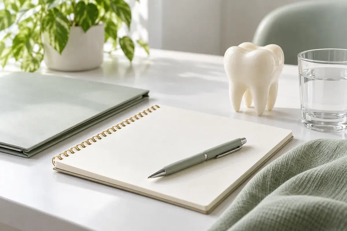 Notebook, folder, pen, water, and tooth model illustrating preparation for a first visit