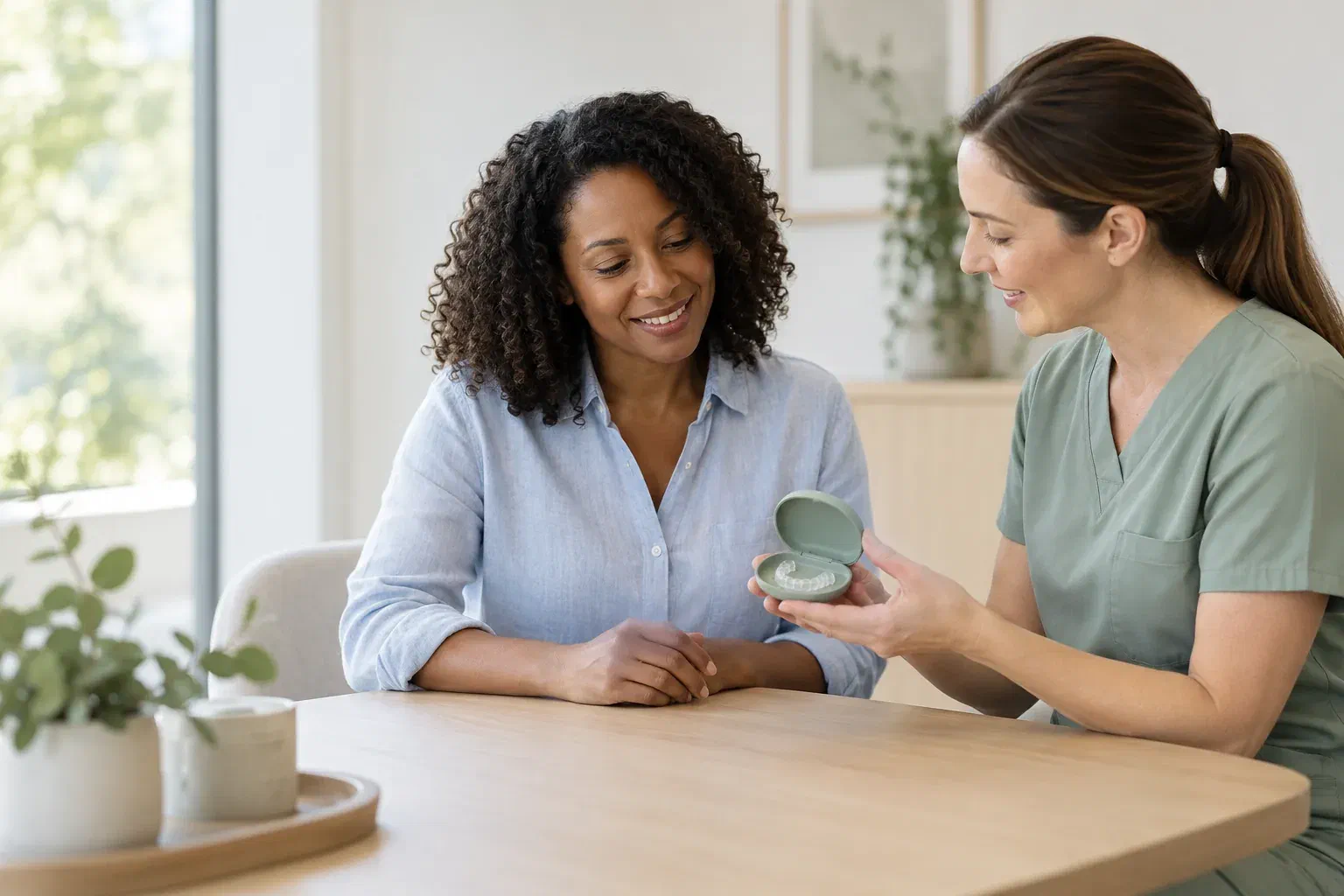Illustrative patient discussing a dental appliance with a clinician