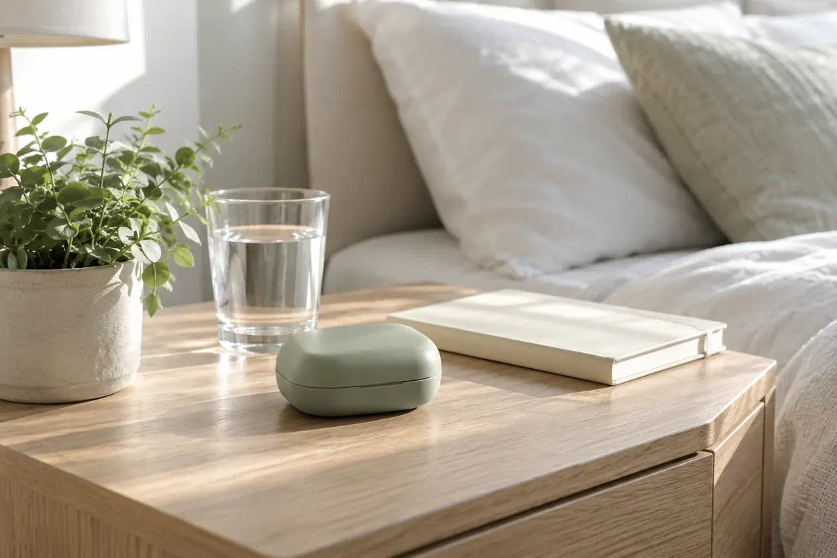 Illustrative closed dental appliance case beside water and a notebook on a bedside table