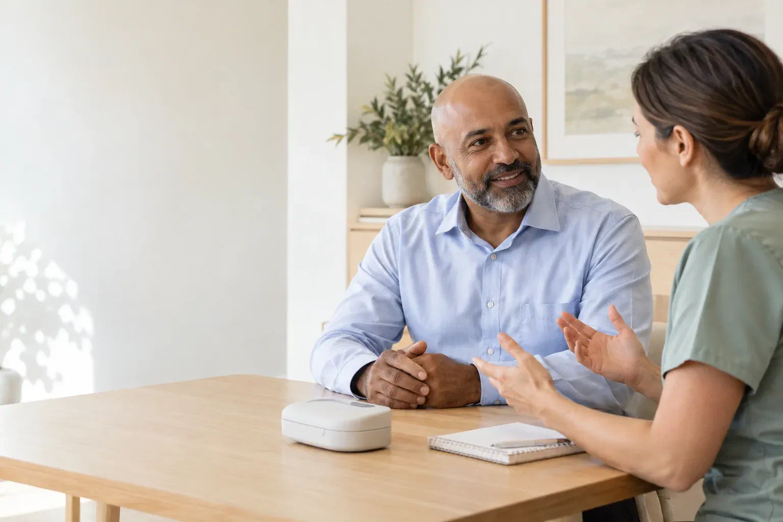 Illustrative patient discussing a sleep-related dental appliance assessment with a clinician