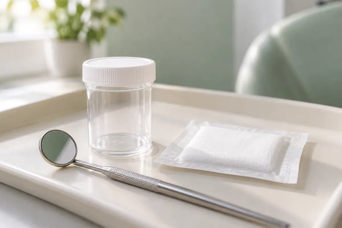 Illustrative empty closed specimen container beside packaged gauze and a dental mirror