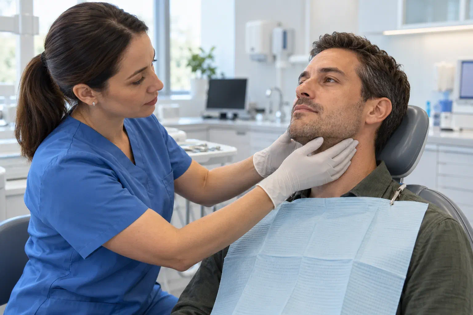 A dental professional gently examining a patient's jaw and neck