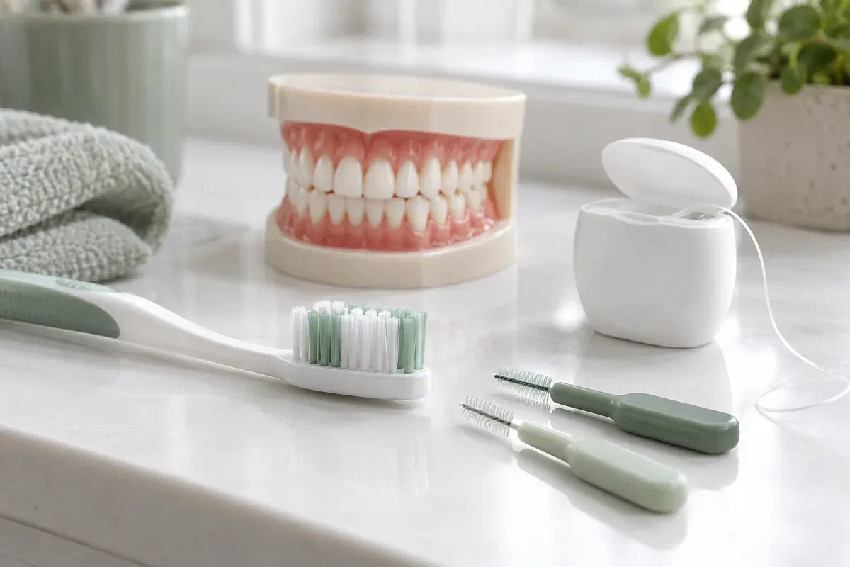 Soft toothbrush, interdental brushes, floss, and dental model for personal care instruction
