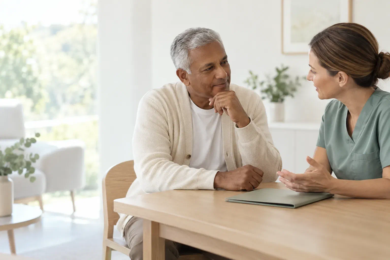 Illustrative patient discussing an oral lesion assessment with a clinician