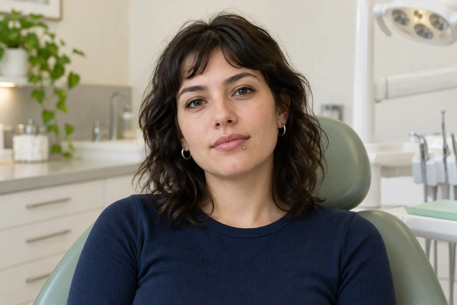 An adult with a small lower-lip stud in a dental consultation setting