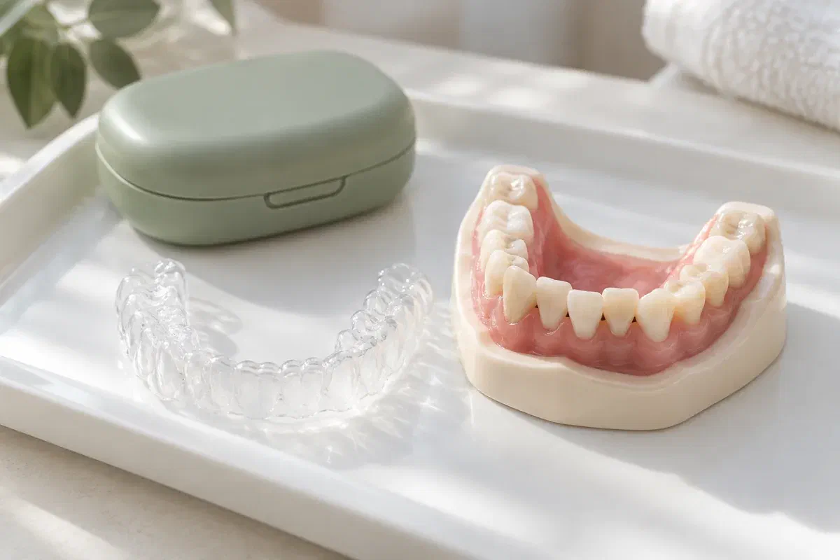 Illustrative lower-teeth model with mild crowding beside a removable retainer and case