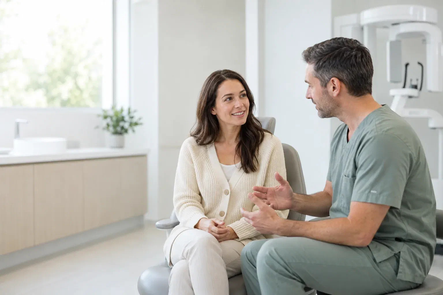 Illustrative discussion near generic panoramic imaging equipment, not actual clinic facilities
