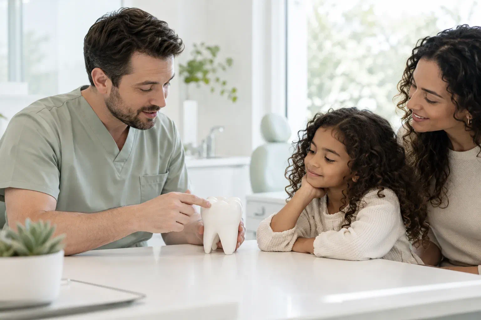Illustrative parent and child discussing a molar model during a dental consultation