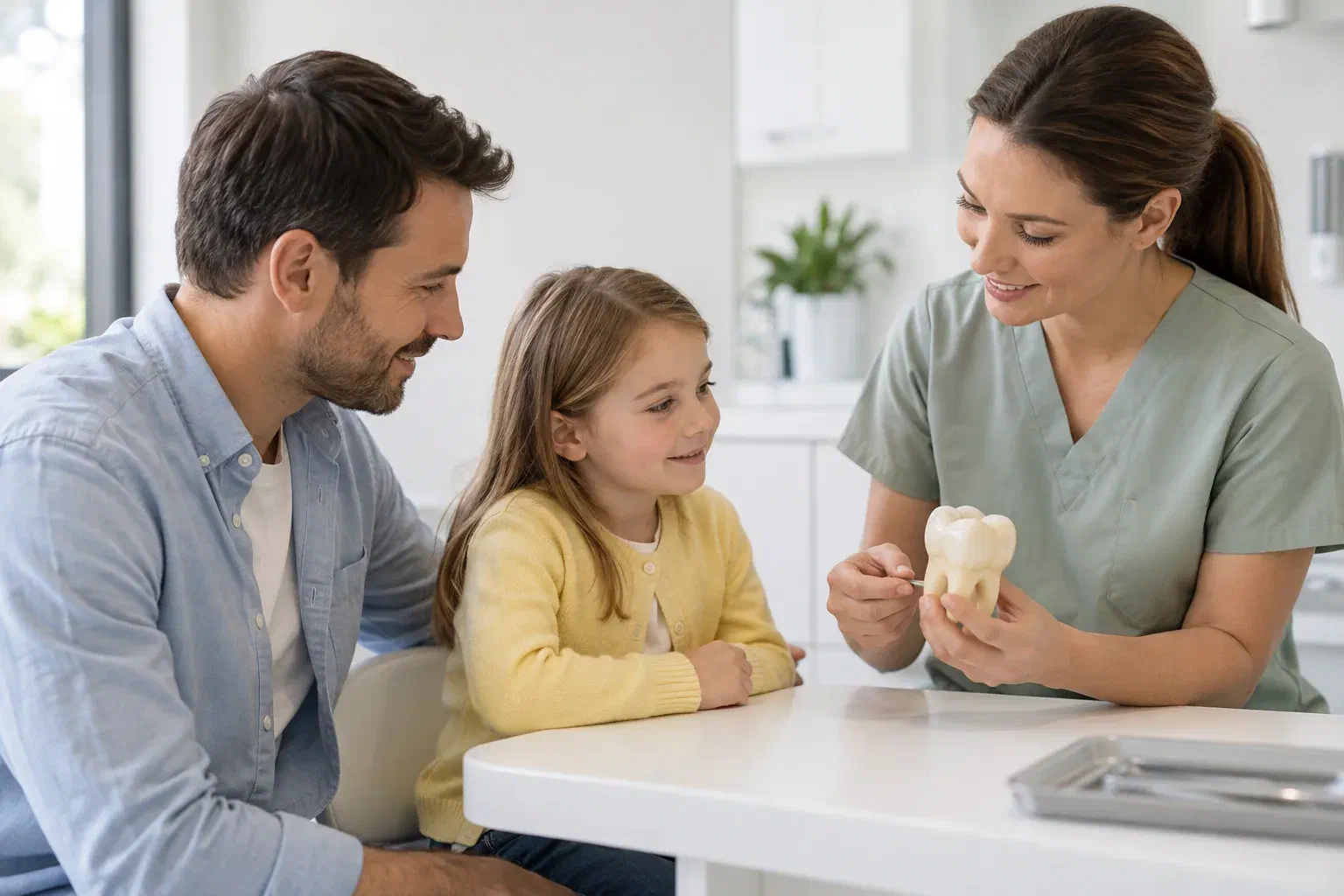 Illustrative child and father discussing a tooth model with a dental clinician