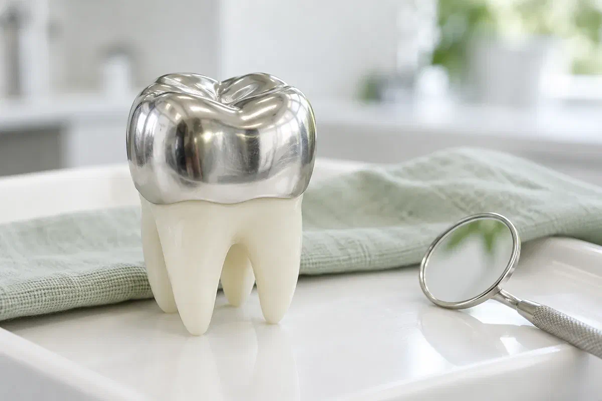 Illustrative molar teaching model with a smooth stainless steel crown