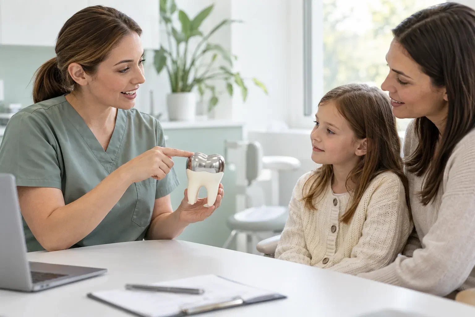 Illustrative child and parent discussing a silver-crowned tooth teaching model