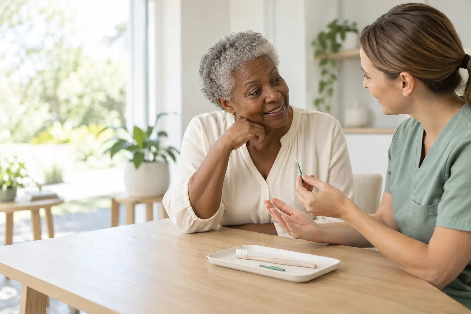 Illustrative patient discussing ongoing gum care with a dental hygienist