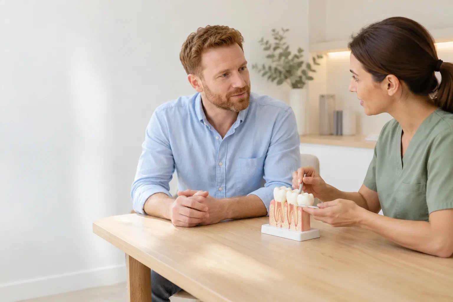 Illustrative patient discussing periodontal findings with a clinician and a supported tooth model