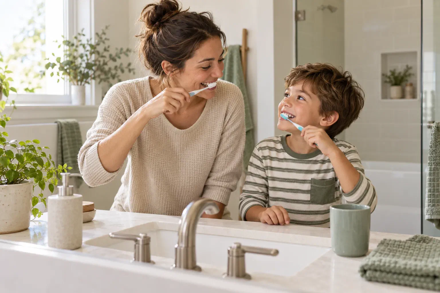 A parent and school-age child brushing their teeth together at home