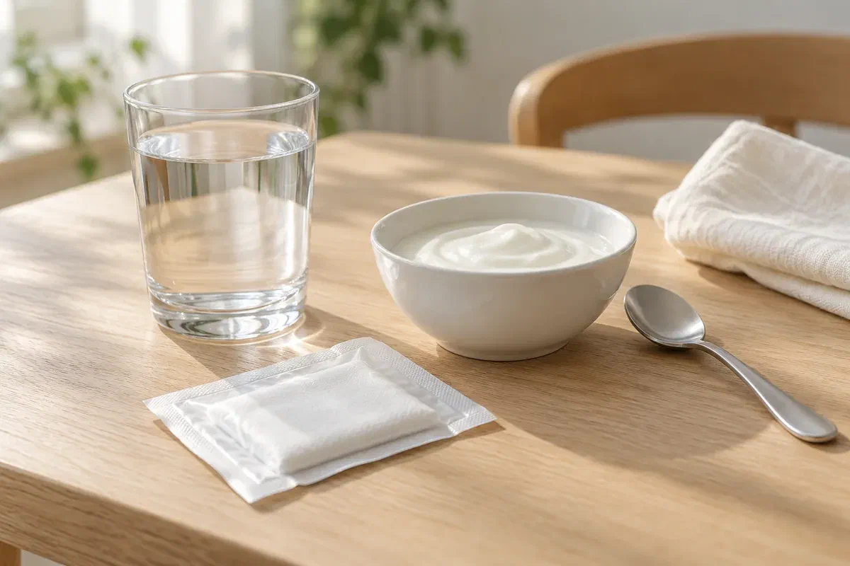 Illustrative recovery supplies with water, a soft-food bowl, and packaged gauze